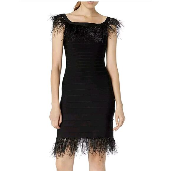 E L L I A T T Dresses & Skirts - Elliatt Womens Off Shoulder Feather Trim Bodycon Dress Small Black Cocktail